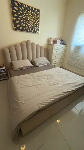 Queen upholstered bed frame with storage - light beige