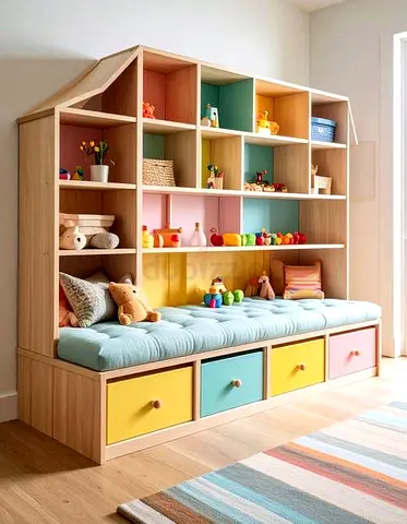 Built-in Kids Storage Bench with Shelves and Drawers - Multicolour