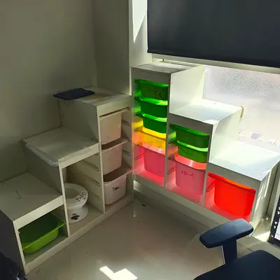 White modular storage shelving unit with colorful plastic bins (2set)