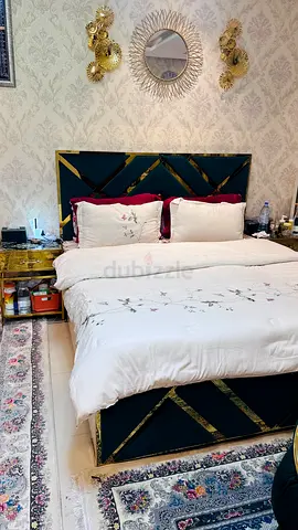 Queen velvet bed frame with gold trim - modern headboard and footboard