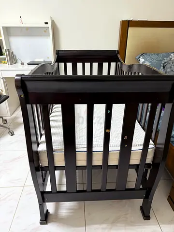 Dark Wood Baby Crib with Mattress - Good Condition