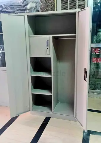 Metal Two-Door Wardrobe/Locker with Shelves and Hanging Rail - Good Condition