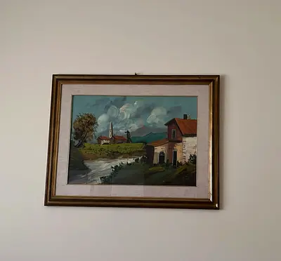 Framed Vintage Landscape Painting with Village Scene
