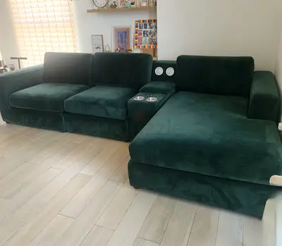 Modern Forest Green L-Shaped Sectional Sofa with Bluetooth speakers/charger, cup holders and storage