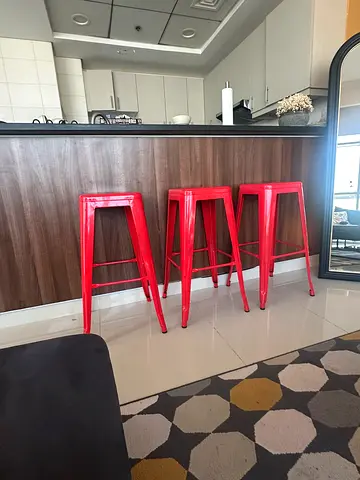 Set of 3 Red Metal Bar Stools - Industrial Style