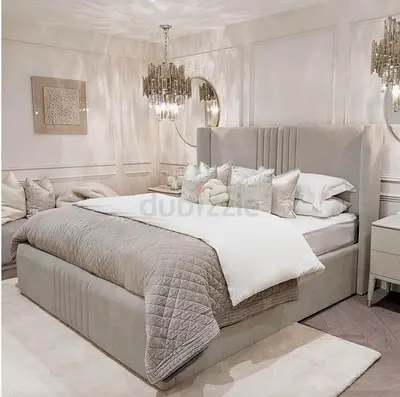 Light grey upholstered king-size bed  and headboard