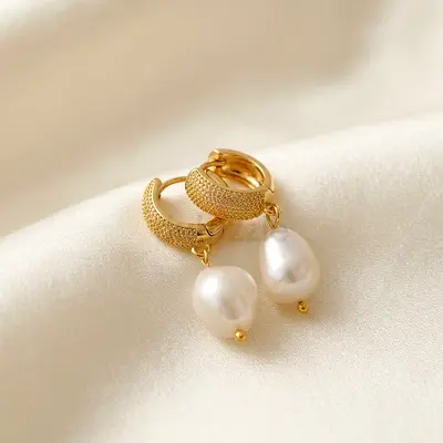 Gold Huggie Hoop Earrings with Drop Real Freshwater Pearl Pendants