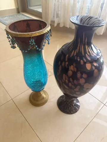 Pair of Decorative Floor Vases – Blue Glass and Bronze Finish