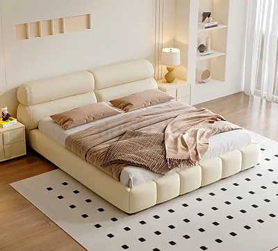 Low Platform Leather King Bed with Padded Headboard - Cream