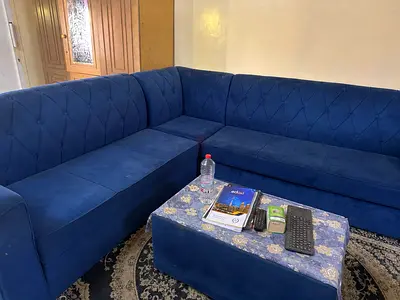 Blue L-shaped Velvet Corner Sofa - Good Condition