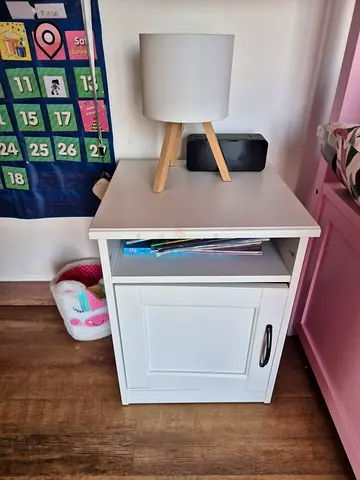 White bedside nightstand with drawer and shelf - good condition