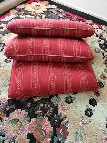 3 Red fabric sofa seat and back cushions (used)