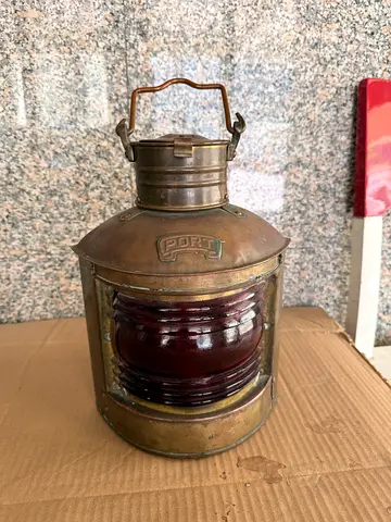 Vintage Brass Ship Lantern with Red Glass Lens - Nautical Decor
