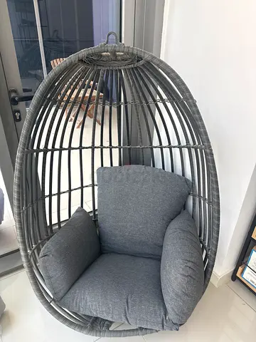 Grey Rattan Egg Hanging Chair with Cushions