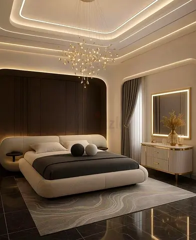 Modern low-profile upholstered double bed with elegant headboard