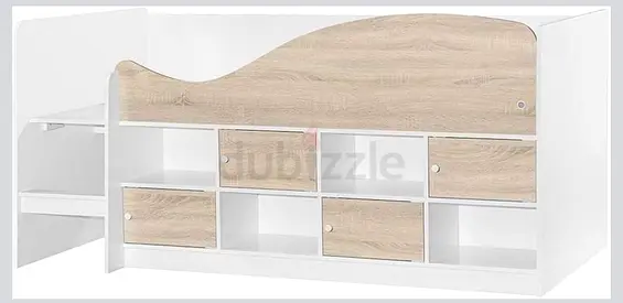 Danube Home Kinder 90X190 White and oak childrens single loft bed with built-in storage shelves