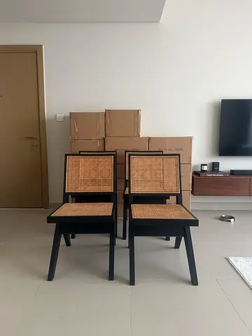Set of 4 black wooden rattan chairs