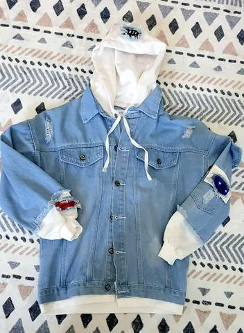 Light blue denim jacket with white hoodie layered look - M/L