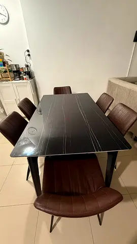6-Seater Black Marble-Effect Dining Table with Chairs