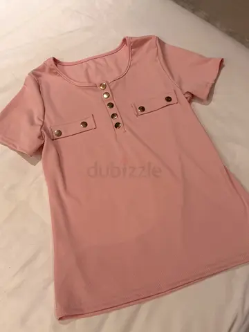 Light Pink Short Sleeve Womens Top with Decorative Buttons