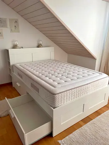 Ikea Queen Brimines bed frame with Ikea Queen mattress