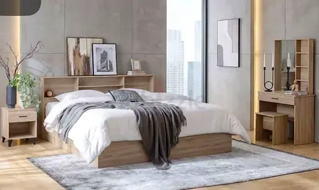 Modern Oak Finish Queen Bed with Headboard Storage and Matching Nightstand