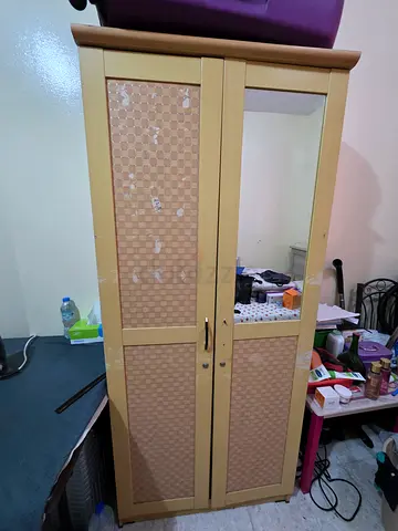 Used 2-door wooden wardrobe with mirror — good storage