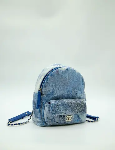 Blue Sequin Mini Backpack - Small Chain-Strap Bag