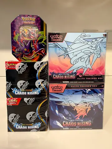 Pokemon Center CHAOS RISING ETB, Booster boxes, Gengar tin and regular ETB