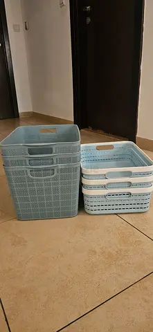 Set of 6 Plastic Storage / Laundry Baskets - Light Blue  White