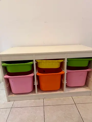 White storage unit with 6 colorful pull-out bins - kids organizer