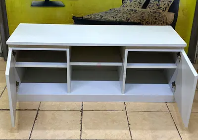 White Wooden TV Unit / Storage Cabinet - 2 Doors, 3 Open Shelves