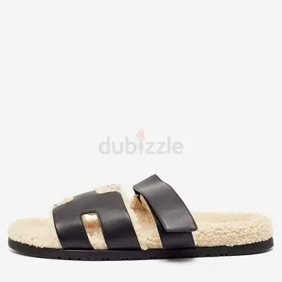 Hermes Black Leather and Shearling Fur Lined Chypre Sandals Size 45.5