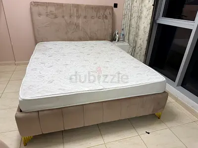 Queen upholstered bed frame with mattress - beige, good condition