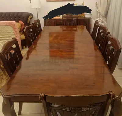 HUGE Solid Wood Dining Table with Carved Details And 8 Elegant Luxury Chairs Flowers Patterned