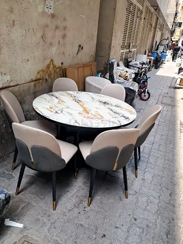 6-Seater Round Marble-Top Dining Table with Upholstered Chairs