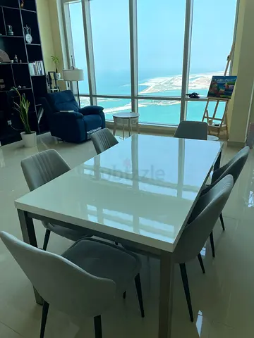 White Gloss Dining Table + 6 Grey Upholstered Chairs