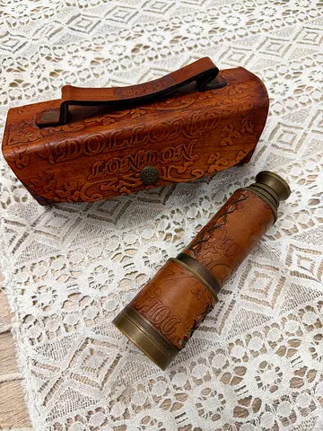 Vintage DOLLOND LONDON 1920 Engraved Wooden Brass-Trim Telescope with Carved leather Case