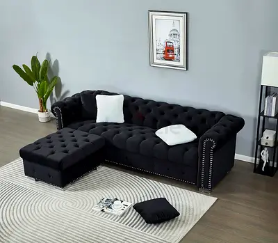 Black velvet chesterfield couch with chaise