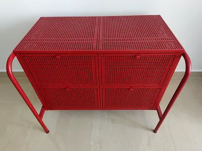 Red Metal Console Table with Perforated Drawers