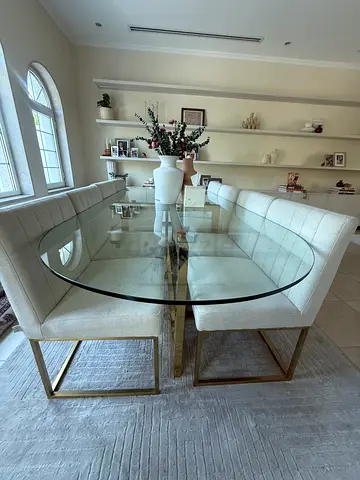 Premium Glass Top Dining Table with Gold Metal Frame and 8 dining chairs  (oval)