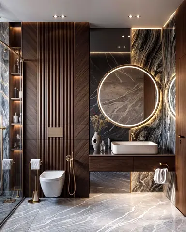 Modern luxury marble bathroom vanity with round LED mirror