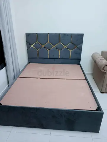 Grey Tufted Velvet Double Bed Frame with Gold Accent Headboard