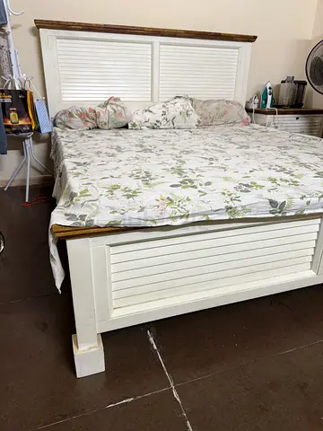 White Wooden King Bed Frame with Headboard - Solid, Rustic Style