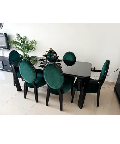 Black Glass Dining Table with 6 Green Velvet Oval-Back Chairs