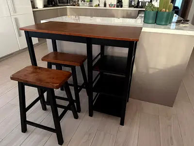 Wooden Kitchen Island with Two Stools - Dark Wood Top, Black Frame