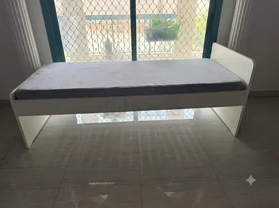 Single white minimalist wooden bed frame with mattress - good condition
