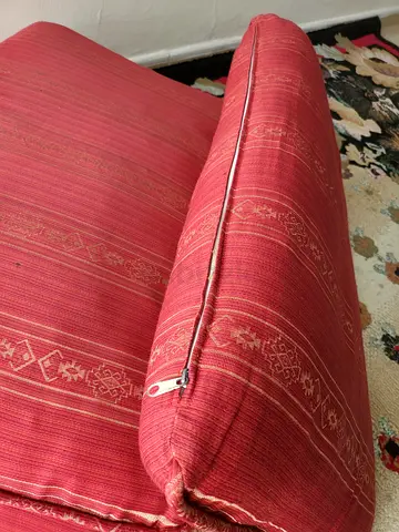 Red fabric sofa seat and back cushions (used)