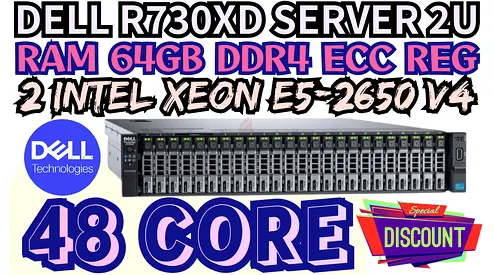 64GB RAM DDR4 DELL POWER EDGE R730XD SERVER 48 CORE 2 INTEL XEON E5-2650 V4 HARD DRIVE 1.2TB SAS 15K