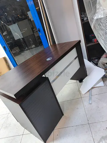 Modern Office Desk with Storage Cabinet - Dark Wood Finish